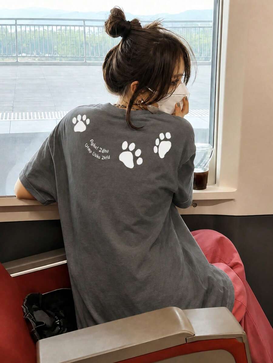 Women's Casual Round Neck Loose Fitting Letter & Puppy Print Short Sleeve T-Shirt, Versatile For Spring/Summer - Dark Grey - View 1