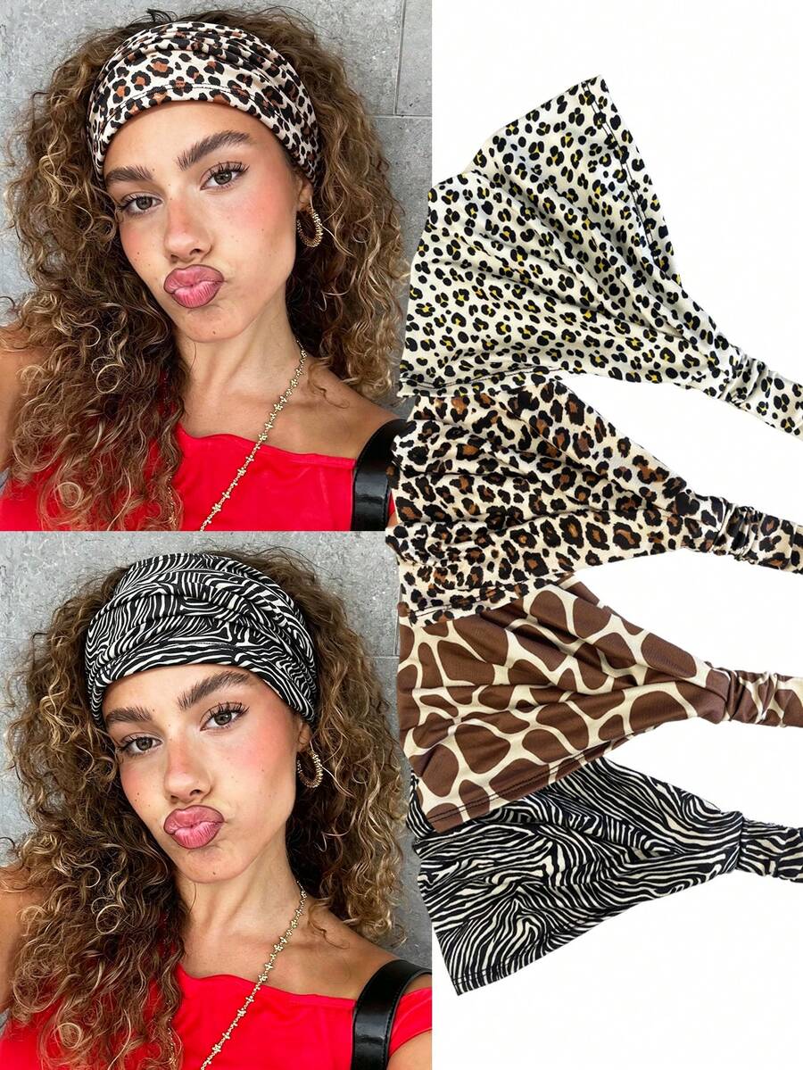 DUOJIAOYAN 1pc New Wide Leopard & Zebra Print Elastic Hair Band, Breathable Stretchy Headband For Daily Wear, Sports And Fitness - Multicolor - View 1