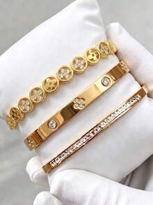 3-delat stapelbart armbandset med sicksackmönster, lagerbara armband i blandad bredd för kvinnor, modeaccessoar - Guld - Visa 11