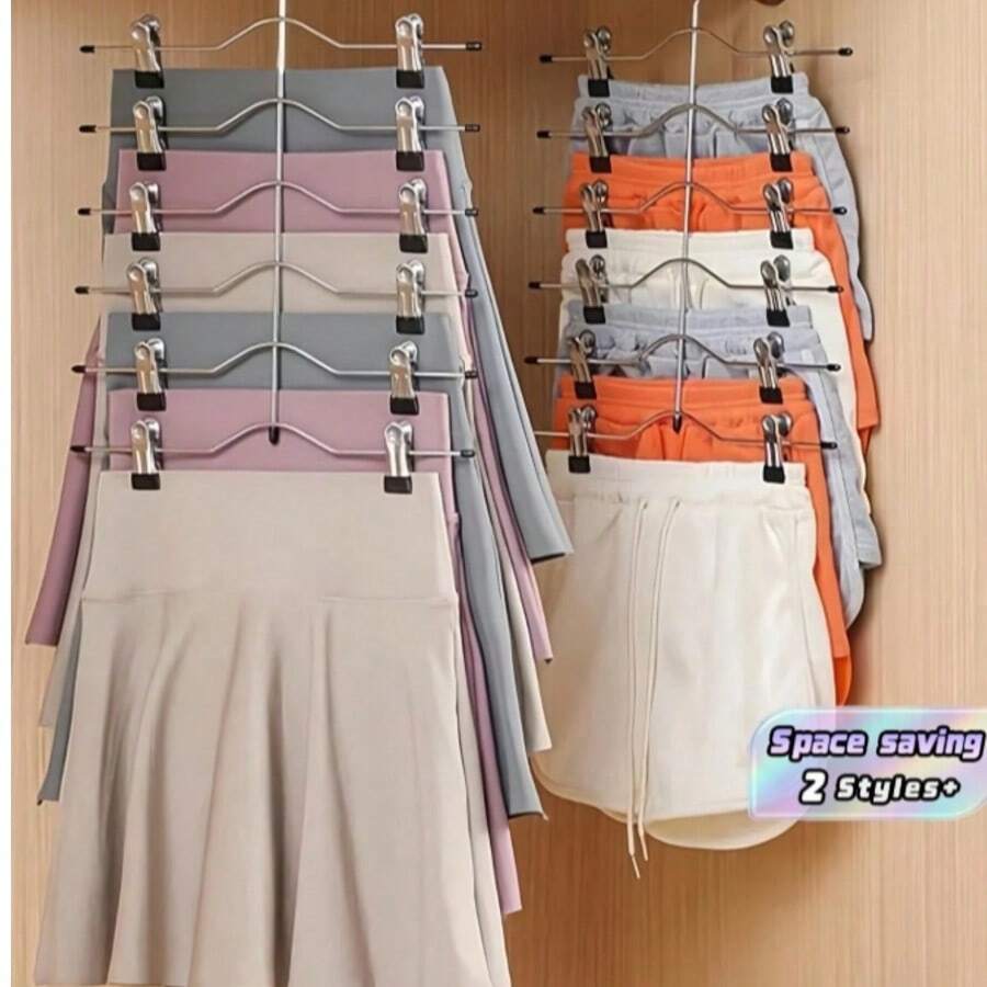 2pcs 4-Layer Multi-Function Adjustable Seamless Clip Hangers, Stainless Steel Foldable Space-Saving Adjustable Pants Rack, Suitable For Casual Pants, Underwear, Tank Tops, Shorts, Jeans And Towels - Multicolor - View 1