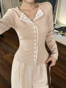 Elegant Lace Patchwork V-Neck Long Sleeve T-Shirt Women's New Design Slim Fit Flattering Cardigan Top - Apricot - View 2