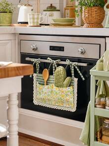 1pc Korean Vintage Green Short Curtain, Suitable For Kitchen Oven, Bedside Dual Pocket Storage Bag, Can Store Bottles, Small Items, Phone, Etc., Car Storage Bag - Green - View 5
