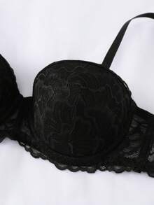 Lace Full Coverage Side Support Bra Set, Adjustable Thin Strap Bra, Matching Underwear Set - Black - View 3
