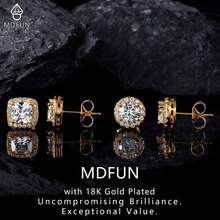 MDFUN 18K鍍金圓形方形立方鋯石模擬鑽石光環耳釘 - 金色 - 查看 3