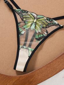 1 Set 2pcs Women's Embroidered Floral Butterfly Lingerie, Comfortable Home Style Ultra Short Top And Thong, Valentine's Day Gift - Green - View 7