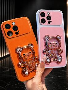 MewTrek Luxury Litchi Texture PU Leather Phone Case With Creative Bear Stand Holder, Rhinestone Glitter Sparkle, Large Camera Cutout, Full Coverage Shockproof Anti-Drop Protective Case Compatible With Iphone, Compatible With Samsung Galaxy Honor, Compatible With Xiaomi Reno MOTO Women - Orange - View 6