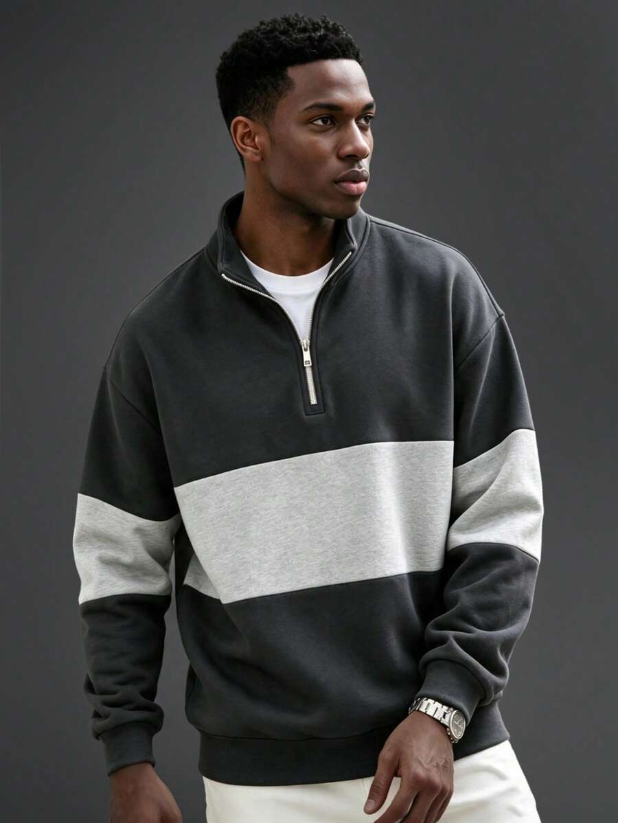 Camvyn Men's Summer Casual Fashion Patchwork Design Zip-Up Sweatshirt - Dark Grey - View 1