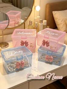 Personalized Cute Bowknot Transparent Plastic Storage Boxes, Glitter Desktop Organizer, Dust-Proof Cosmetic Jewelry Stationery Small Items Storage Box, Pink/Blue - Multicolor - View 3
