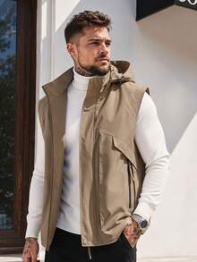Men's Casual Fashion Hooded Sleeveless Vest Jacket, Suitable For Daily Commute And Travel, Spring/Autumn - Khaki - View 1