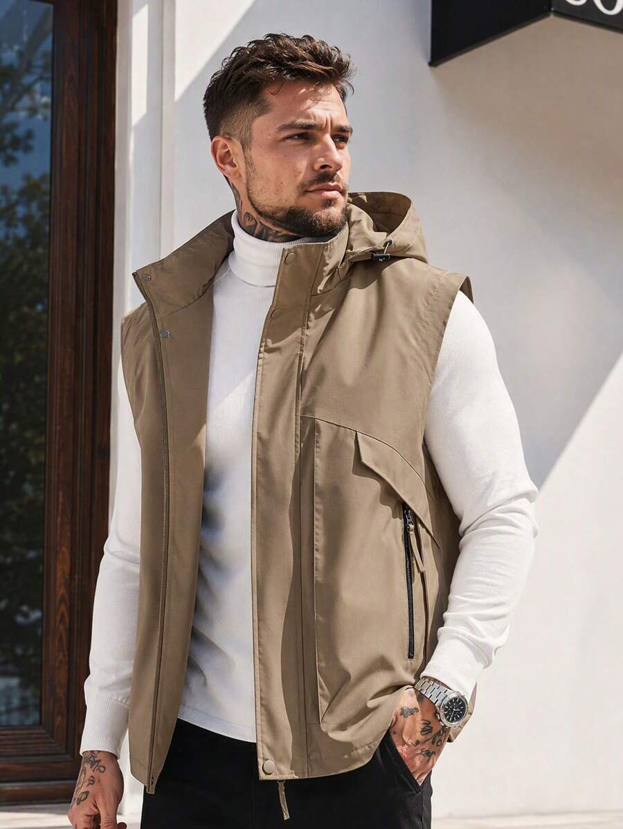 Men's Casual Fashion Hooded Sleeveless Vest Jacket, Suitable For Daily Commute And Travel, Spring/Autumn - Khaki - View 1