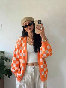 Women's V-Neck Checkerboard Print Knit Cardigan, Front Open Dropped Shoulder Long Sleeve Casual Mid-Length Cardigan - Multicolor - View 4