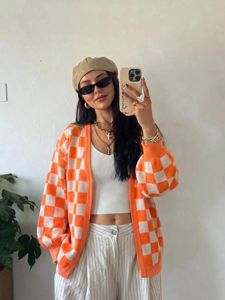 Women's V-Neck Checkerboard Print Knit Cardigan, Front Open Dropped Shoulder Long Sleeve Casual Mid-Length Cardigan - Multicolor - View 1