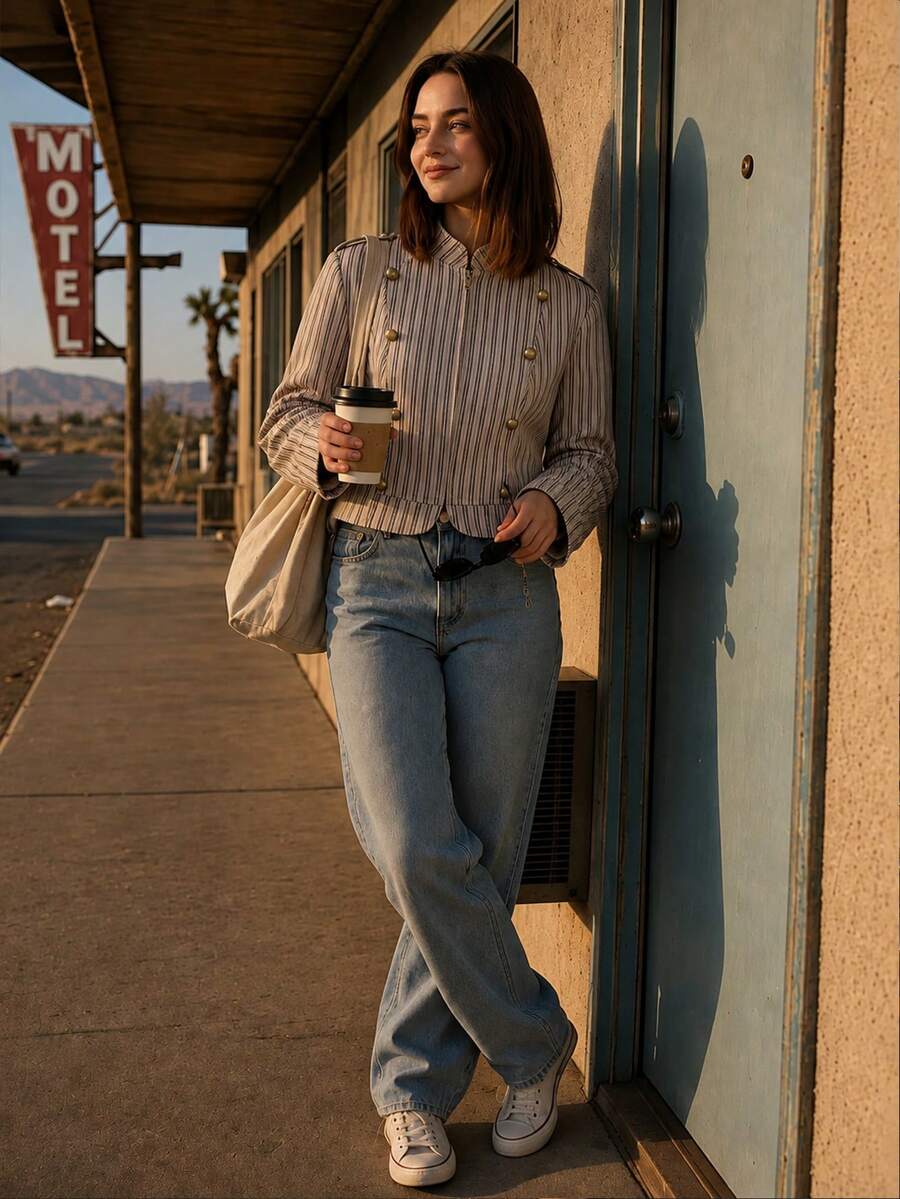Women's Striped Short Shacket, Baseball Collar Long Sleeve Decorative Button Jacket, Vintage Style Autumn - Brown - View 1