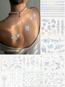 9 Sheets Holographic Stickers Flash Tattoos Glitter Butterfly Stickers Flower Tattoos For Arm Body Hair For Festival Carnival Bachelorette Back To School Party Travel Essentials - Multicolor - View 9