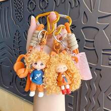 Cartoon Curly Hair Doll Keychain Pendant Cool Couple Character Charm Cute Bag Hanging Chain Creative Small Gift 1pc/2pcs,Purse Charms - Multicolor - View 3