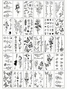 (30pcs/Set) Creative Black Small Pattern Temporary Tattoo Stickers, Realistic Tree Branch, Starry Sky, Butterfly & Flower Tattoos, Unisex, Waterproof, Suitable For Arms, Face, Fingers And Neck - Black - View 1