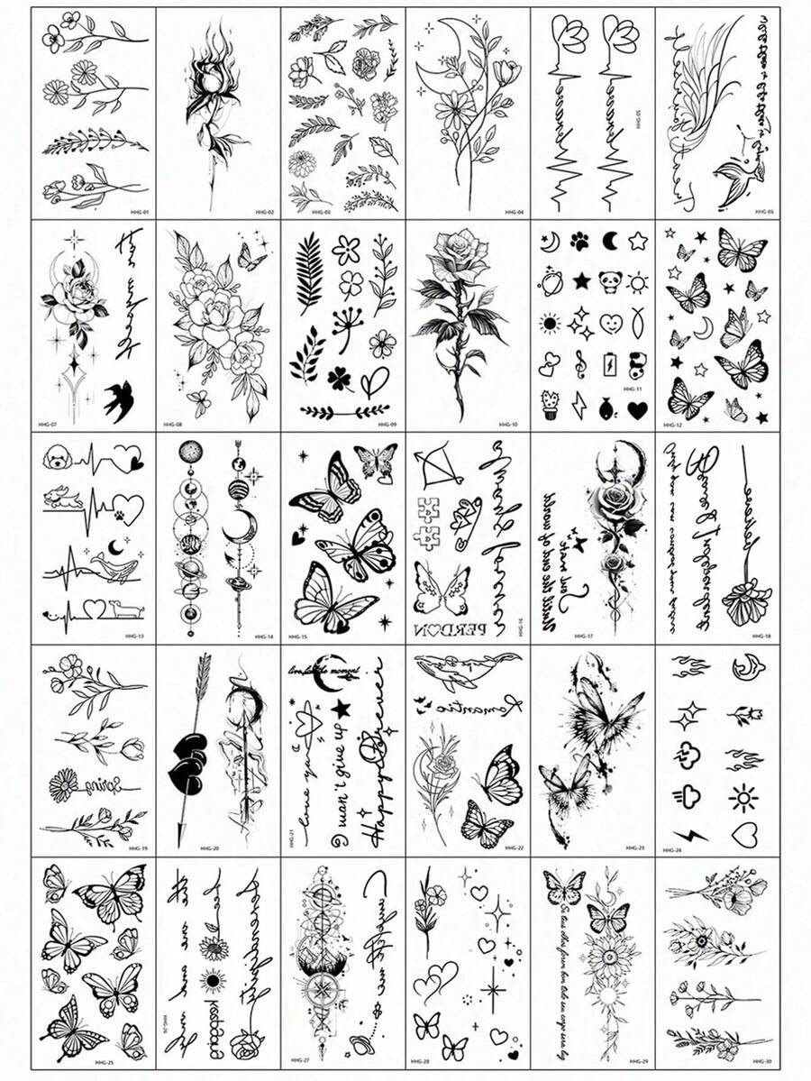 (30pcs/Set) Creative Black Small Pattern Temporary Tattoo Stickers, Realistic Tree Branch, Starry Sky, Butterfly & Flower Tattoos, Unisex, Waterproof, Suitable For Arms, Face, Fingers And Neck - Black - View 1