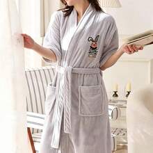 Cartoon Embroidered Short Sleeve Bathrobe For Women, Absorbent Quick-Dry Towel Material Wearable Bath Towel, Summer Lightweight Tie-Front Double Pocket Bath Robe - Grey - View 7