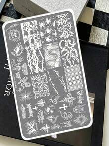 1pc Dark Night Spider Shadow Print Steel Plate, Multiple Spider Web, Skull, Snake, Python, Feather Thorn Rose, Moon Fireworks, 50+ Embossed Patterns, Halloween Costume Party Makeup Template, Dark Gothic Makeup Artist Creative Tool, One-Time Transfer Print, Suitable For Nail Salon And Home Use, Affordable DIY Beginner Item, Shiny Metallic Silver Texture - Multicolor - View 4