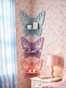 1pc Nordic Girl Style Floral Hollow Storage Rack, Bedroom Corner Wall Decor Organizer - Solid Color Butterfly - View 3