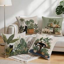 4pcs/1pc Green Plant Cat Pattern Pillow Case Without Insert, Single-Sided Printed Pillow Case, Suitable For Living Room Bedroom Home Decor, All-Season Pillow Case - Multicolor - View 9