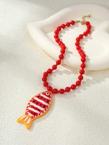 NAIZHU 1/2pcs Fashion Creative Red Crab & Fish Long Necklace, Suitable For Women's Daily, Party, Vacation Accessory - Red - View 5