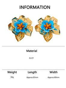 1 Pair Vintage Gilded Blue Flower Earrings, Heavy-Duty 3D Floral Design With Purple Tang Flower And Orange Bead Stamen, Luxury Exaggerated Earrings - Blue - View 6