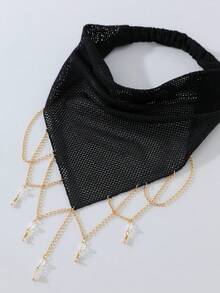 1件原創花卉刺繡捲邊珠飾鏈條裝飾女款髮帶，適合日常與度假使用 - 黑色 - 查看 2