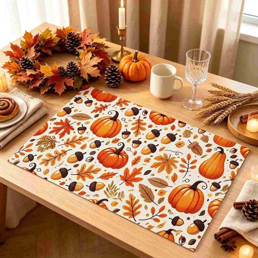1/4/6pcs Autumn Series Pumpkin Acorn Autumn Leaf Pattern Printed Placemats Suitable For Home Kitchen/Heat-Resistant Table Mats Table Protection Kitchen Dining Table Party Scene Decoration