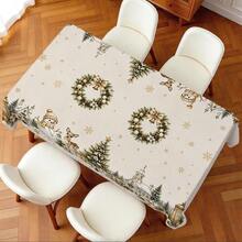 1pc Christmas Town Tablecloth, Christmas Wreath Snowman Deer Snowflake Christmas Tree Print Pattern, Polyester Material Single-Sided Print, Suitable For Tabletop, Washable And Reusable, Suitable For Indoor, Outdoor, Yard, Wedding, Banquet, Party, Outdoor Dining, Suitable For Craft Exhibition, Banquet Event Decoration - Multicolor - View 7