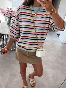 Women's New Autumn Colorblock Striped Crew Neck Knit Top, Gentle And Casual, Daily Wear, College Style - Water Blue - View 5