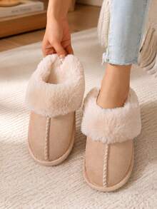 New Thick Plush Home Slippers, Unisex, Warm Fashionable Comfortable, Non-Slip Closed Toe Indoor Slippers - Beige - View 2