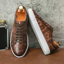 Men's Lace-Up Brown Crocodile Embossed Leather Sneakers With Clean Toe Shape, Well-Fitted Laces, Reinforced Perforations, Non-Slip Sole, Even Stitching, Suitable For Suits, Weddings, Banquets, Casual Wear - Brown - View 3