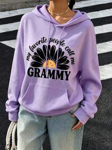 Grammy Print Kangaroo Pocket Hoodie, Casual, Long Sleeve, Drawstring, Loose Fit, Comfortable Daily Wear For Women - Perfect For Autumn/Winter - Mauve Purple - View 3