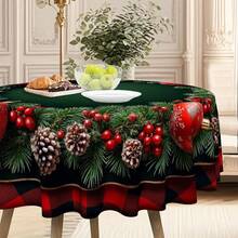 Round Christmas Tablecloth Dark Green Pine Branch Pinecone Red Berry Ball Ornament Border Decorative Washable Holiday Dining Table Cover For Xmas Party Winter Kitchen Home Table Decor - A - View 5