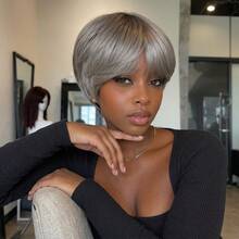 Beaushine Chocolate Brown Pixie Cut Wig Human Hair Straight Bob Glueless Wig 6 Inch Pixie Cut Wig Short Layered Wig Rose Net Cap Brazilian Virgin Human Hair For Daily Use - SGray - View 1