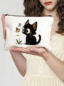 Set Tas Tote Kanvas Bergaris Motif Kucing Hitam Lucu dan Kupu-kupu Daisy dengan Dompet Kecil, Tas Bahu Kapasitas Besar untuk Wanita, Cocok untuk Perjalanan Sehari-hari dan Sekolah. - MultiWarna - View 12
