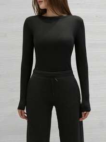 Ribbed Crew Neck Long Sleeve Top, Slim Fit High Stretch Basic Tee, Soft Comfy Solid Color Casual Layering Undershirt For Women - Black - View 4