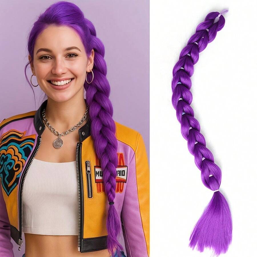 1pc 26inch Purple Synthetic Hair Braids Ponytail, Fluffy Long Braided Hair Extension, Suitable For Women's Daily Wear, Decoration And Party