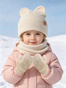 3‑Piece Toddler Girl Knit Winter Set, Cat Ear Beanie + Neck Warmer + Mittens Soft Cozy Kids Accessories For Cold Weather Daily Outing - Hat + Scarf + Gloves - View 3