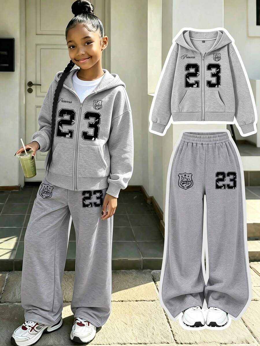 2pcs/Set Zip-Up Hoodie & Wide Leg Pants Set For Girls, 23 Print Zip-Up Hoodie + Wide Leg Sweatpants Matching Outfit, Autumn/Winter Set, Campus Style, Homecoming Outfit - Grey - View 1