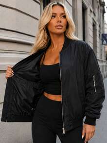 Cotton Zip Up Bomber Jacket - Black - View 3