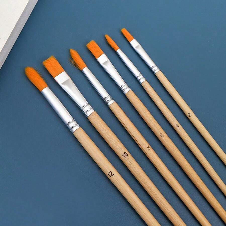 6 Buah Kuas Lukis Kepala Datar, Set Kuas Seni untuk Penggemar Lukis dengan Daya Serap Tinta dan Ketahanan yang Sangat Baik - Set - View 1