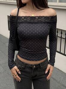 SCARLUX Fall Winter Women Y2K Polka Dot Long Sleeve Top, Lace Trim Off‑Shoulder Fitted Tee For Back To School, Street, Daily Commute - Black - View 10