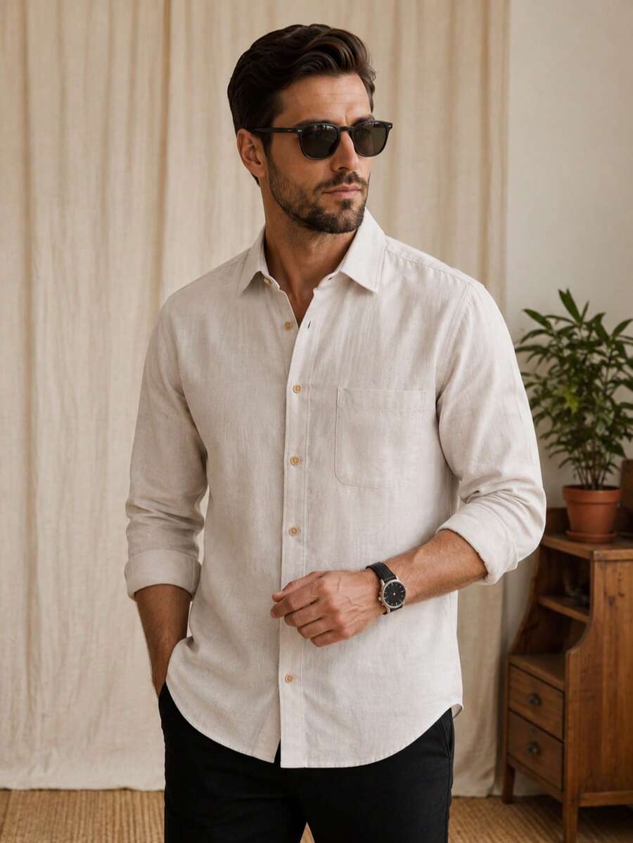 LOOKUN Men's Neutral Polo Collar Long Sleeve Shirt, Old Money Casual Business Commute Minimalist Inner Layer Top, Spring Autumn Winter - Beige - View 1