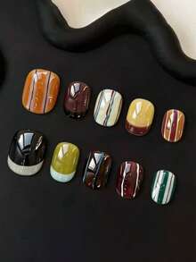 10pcs Pure Handmade Short Oval Press On Nails, Fresh Minimalist Style, Multi Retro Warm Tone Mixed Color With Stripe And Color Block Design For Women And Girls Spring Summer Autumn Winter Festivals Party And Daily Life Use - Multicolor - View 2