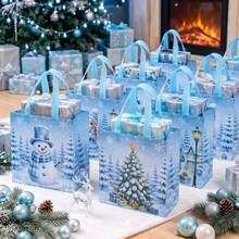 66/54pcs Reusable Non-Woven Fabric Tote Bags Christmas Theme - Snowman, Snow Lady & Christmas Tree Patterns With Sturdy Paperless Handles, Suitable For Christmas Party Decoration, Travel, Storage Gift Packaging (Blue) - View 5