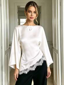 Elegant Women's White Off-Shoulder Top With Flowing Bell Sleeves And Asymmetrical Contrast Lace Hem - White - View 3
