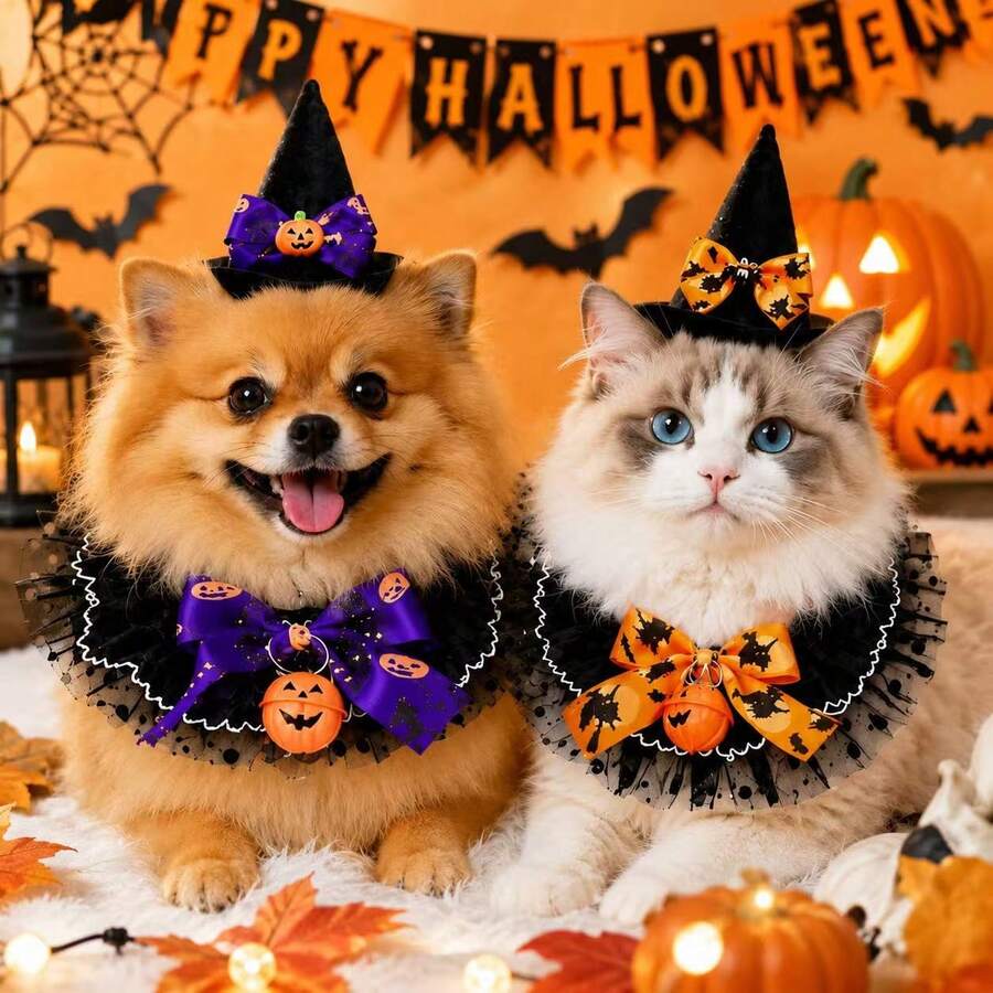 Bộ 2 món phụ kiện thú cưng Halloween, mũ phù thủy và vòng cổ nơ bèo ren kèm mặt dây chuyền bí ngô, trang phục tiệc lễ hội cho chó nhỏ và mèo - Nhiều màu - Xem 1