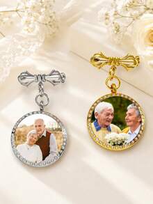 Custom Photo Brooch Pendant | Bride & Groom Wedding Bouquet Memorial Jewelry - Round - Frosted - View 13
